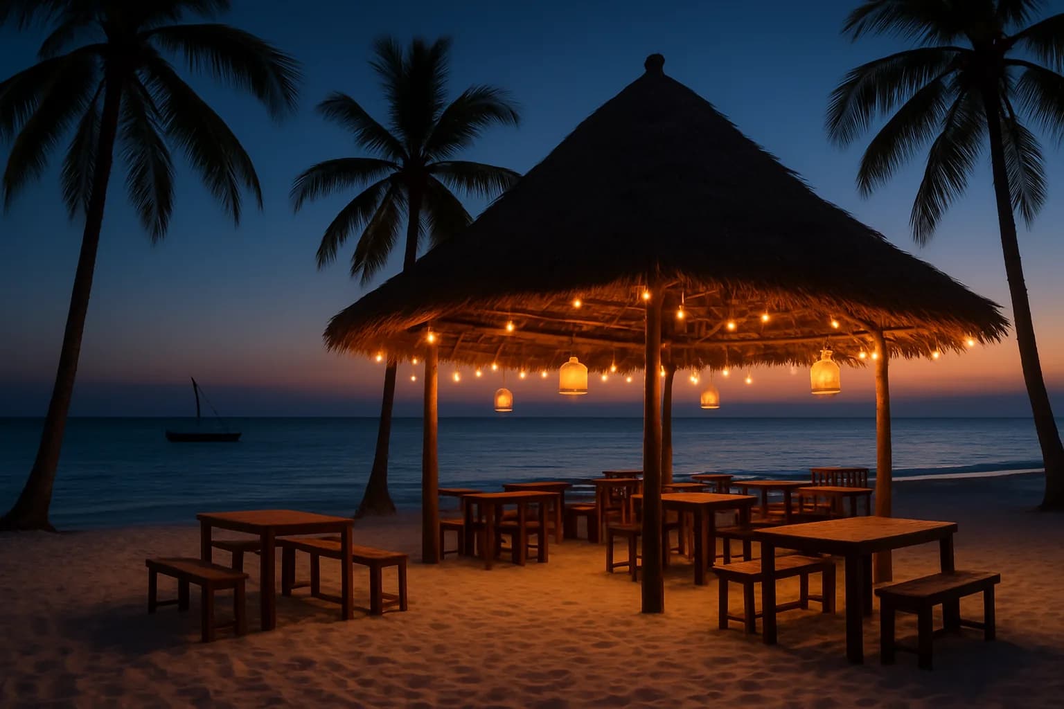 Thatched beach bar lit by string lights and lanterns on white sand at dusk, with palm trees and a dhow on the calm ocean