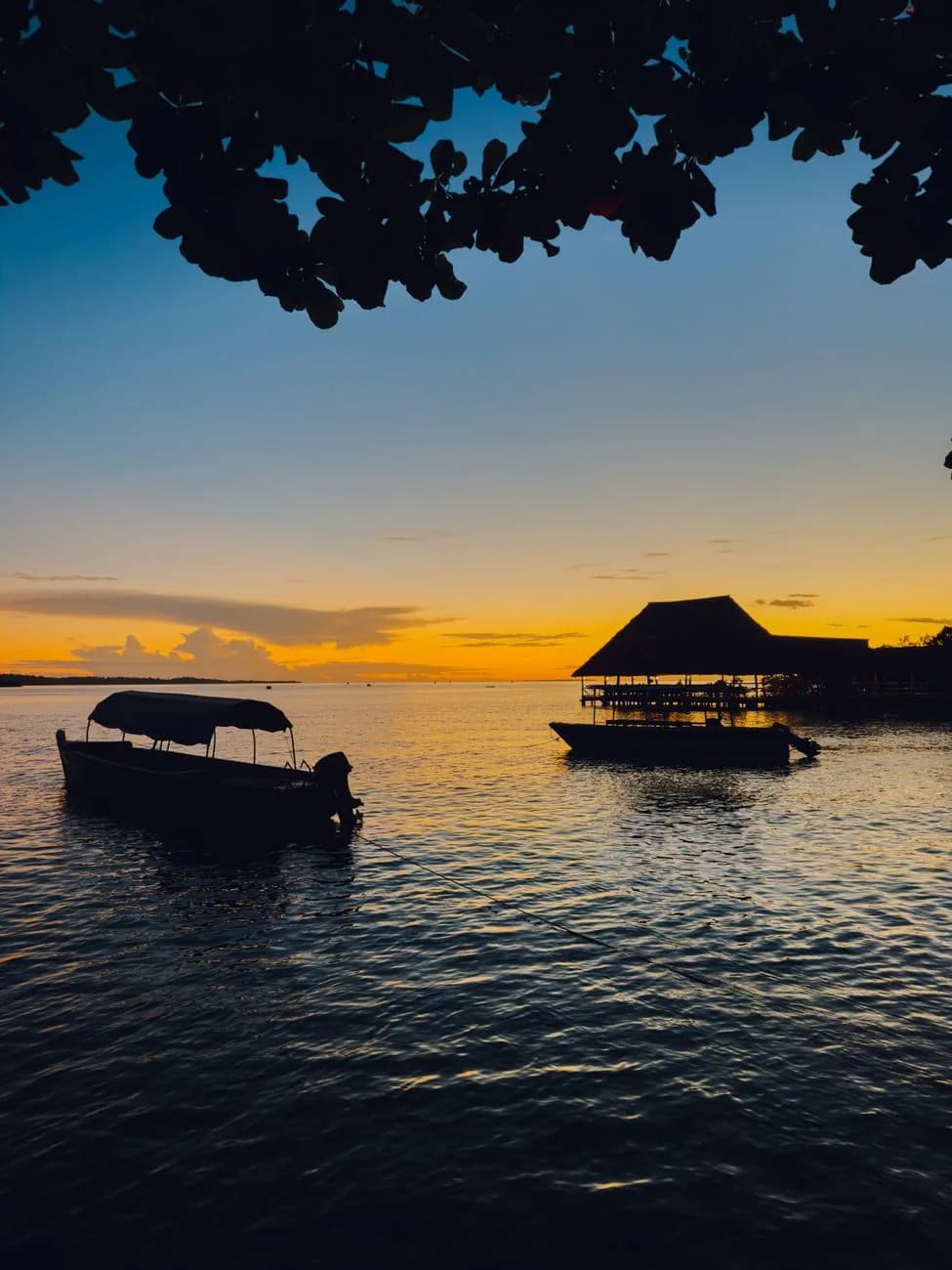 Lodge boats moored at dusk beside a thatched jetty on the west coast of Pemba Island, Tanzania