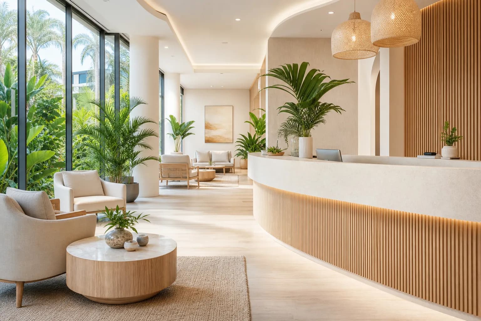 A bright reception lobby of a modern clinic with palm plants, a wooden counter and large windows onto greenery