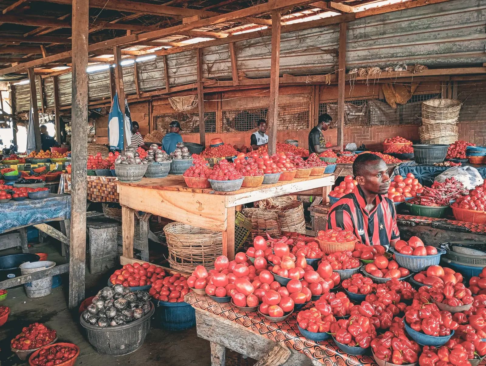 Tomatoes and peppers piled on the stalls of a covered produce market