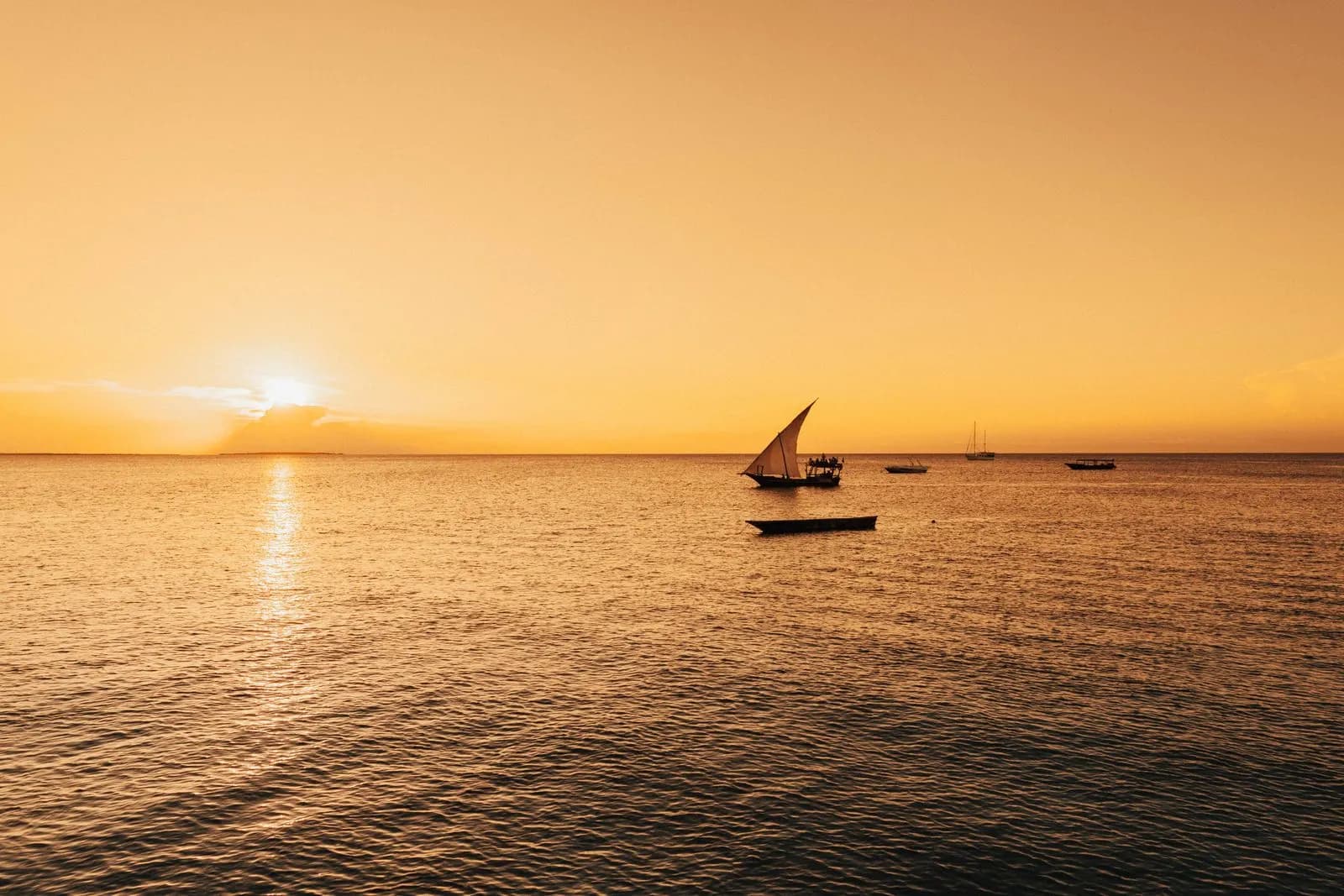 Traditional dhow under sail at sunset off Zanzibar