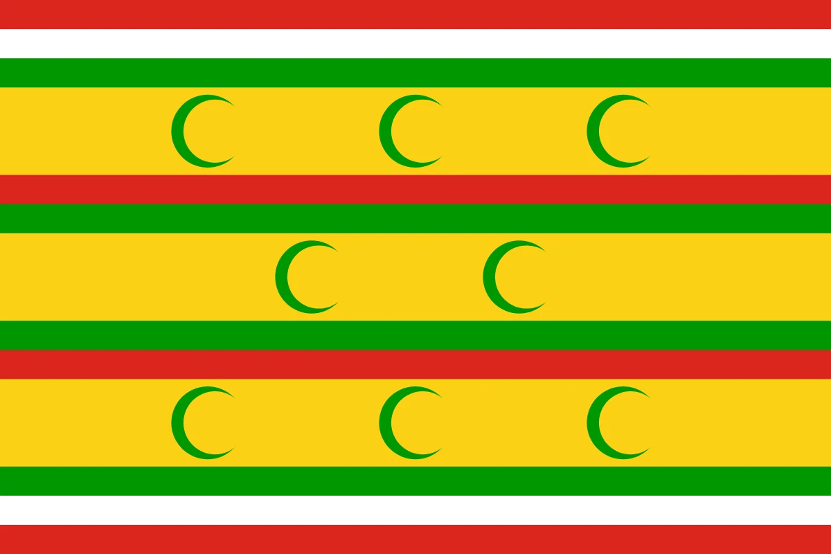 Striped flag attributed to the Sultanate of Zanzibar, red, white, green and yellow bands with green crescents