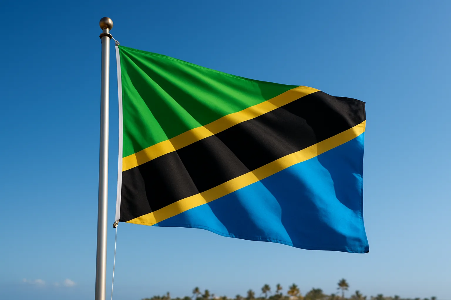 Flag of Tanzania flying on a flagpole against a clear blue sky