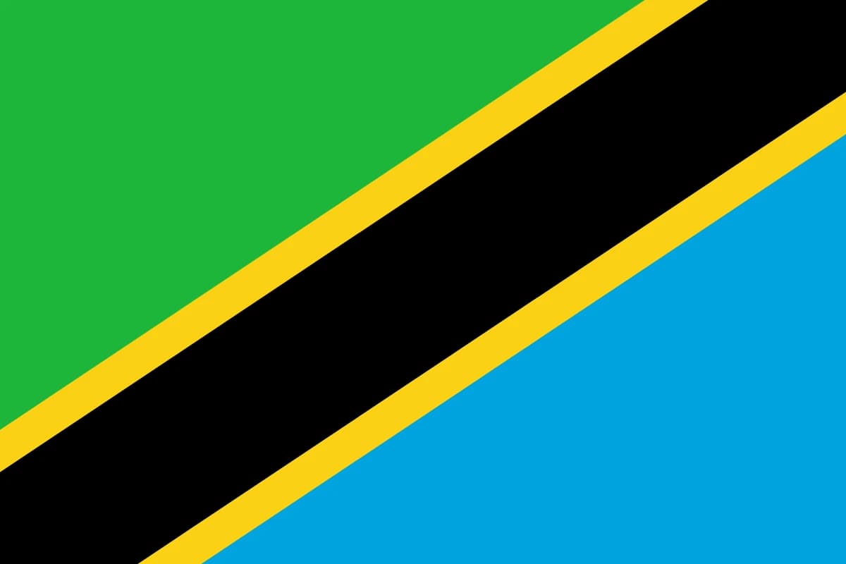 Flag of Tanzania, green and blue triangles split by a black diagonal edged in yellow