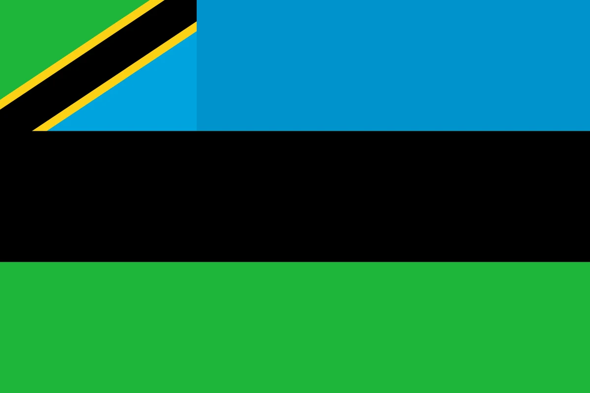 Current flag of Zanzibar, blue, black and green bands with the Tanzanian flag in the canton