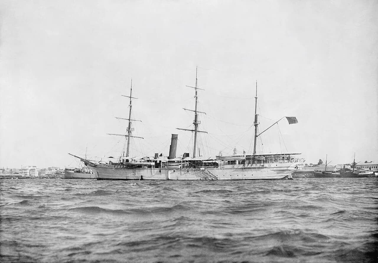 The Glasgow, the Sultan of Zanzibar's guardship, anchored off the Stone Town waterfront in the 1890s, before it was sunk in 1896