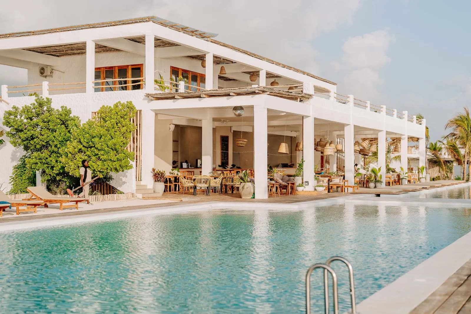 A resort pool set back from the beach on the east coast of Zanzibar