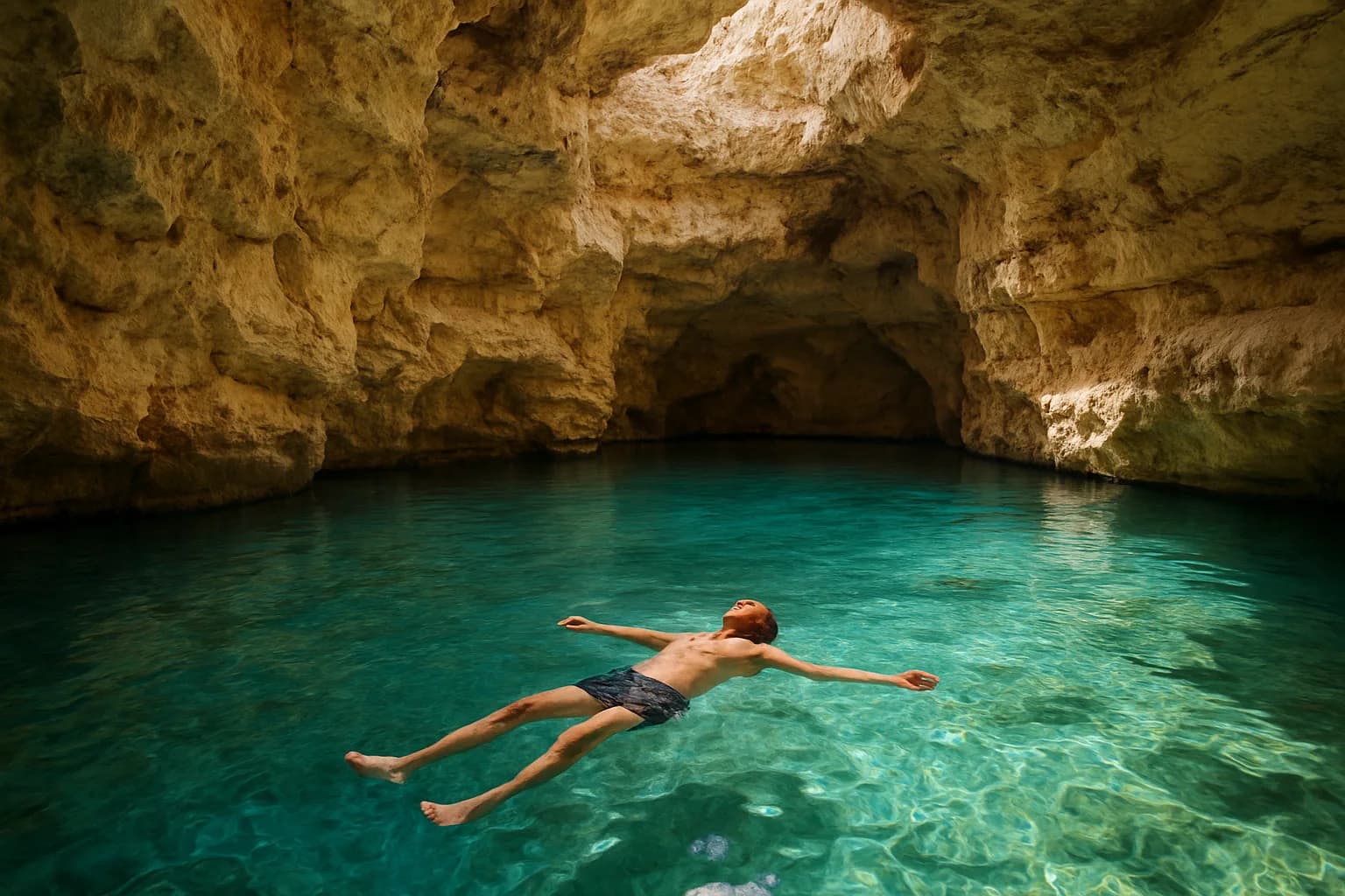 Swimmer floating on their back in clear turquoise water inside a limestone cave pool