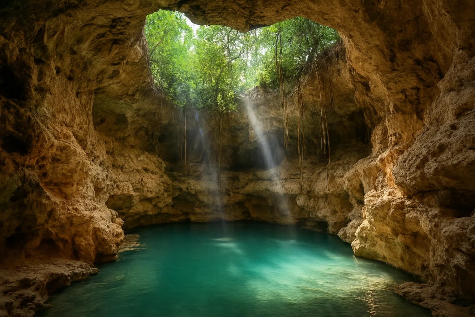 Turquoise pool at the bottom of a collapsed limestone cave with sunlight falling through an opening in the ceiling
