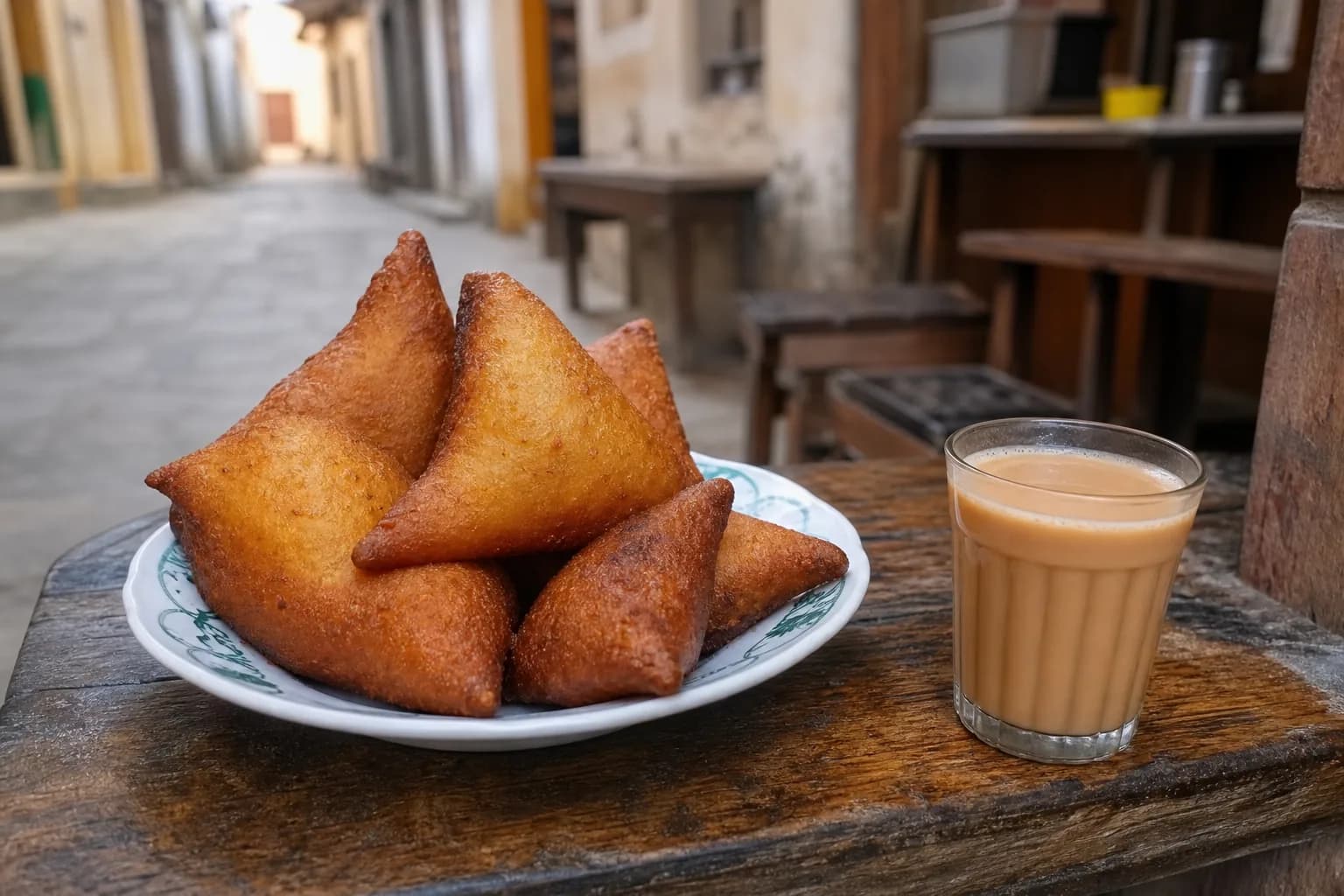 A plate of mandazi doughnuts with a glass of spiced chai at a tea stall in Stone Town