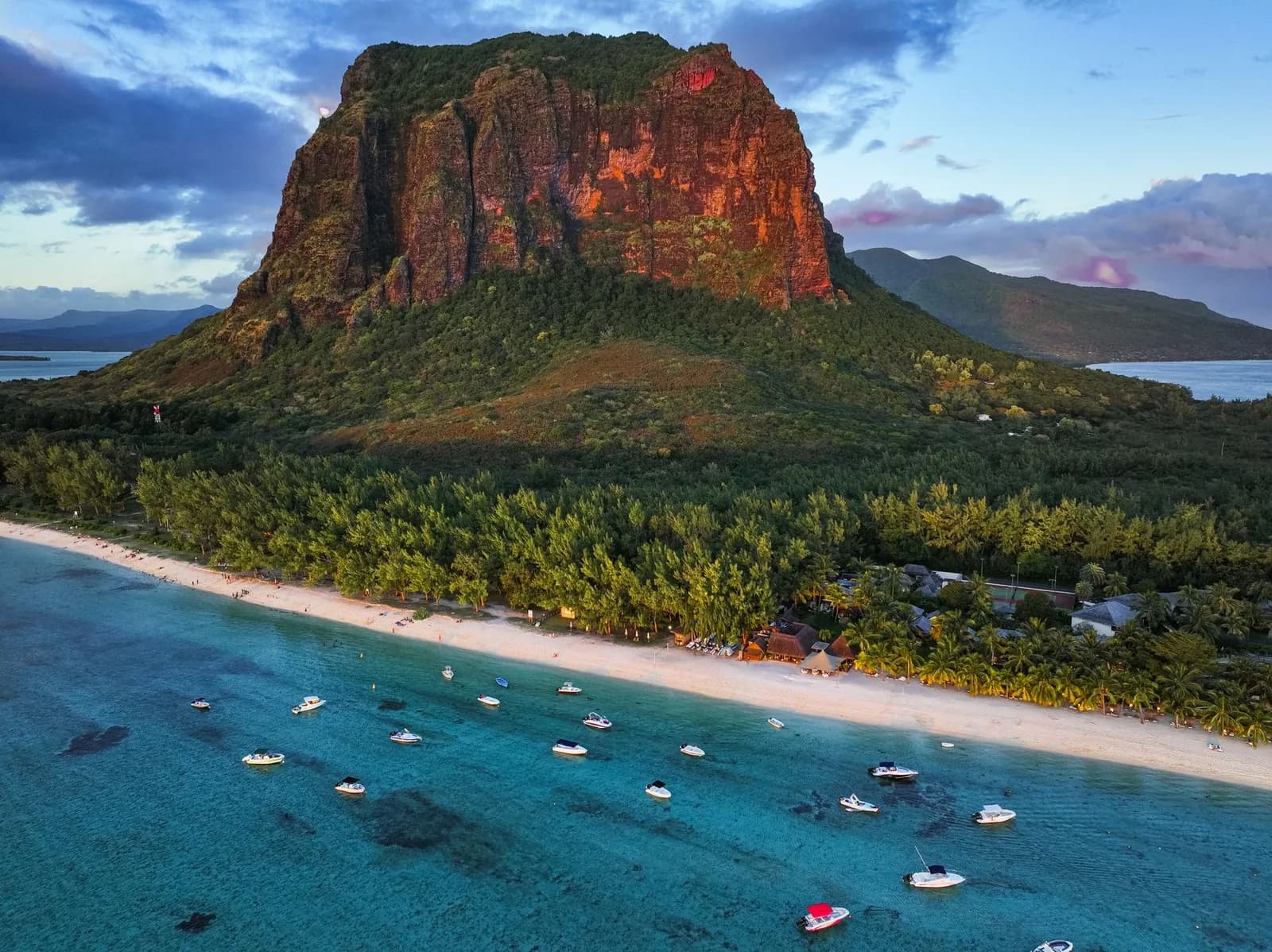 Aerial view of Le Morne Brabant mountain, the beach and the turquoise lagoon on the south-west coast of Mauritius