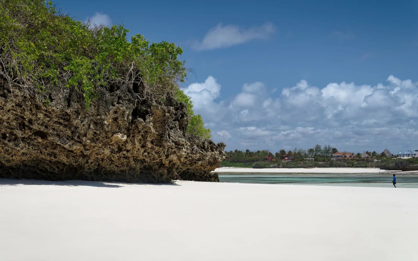 Coral rag outcrop above white sand and a turquoise lagoon on the Zanzibar coast