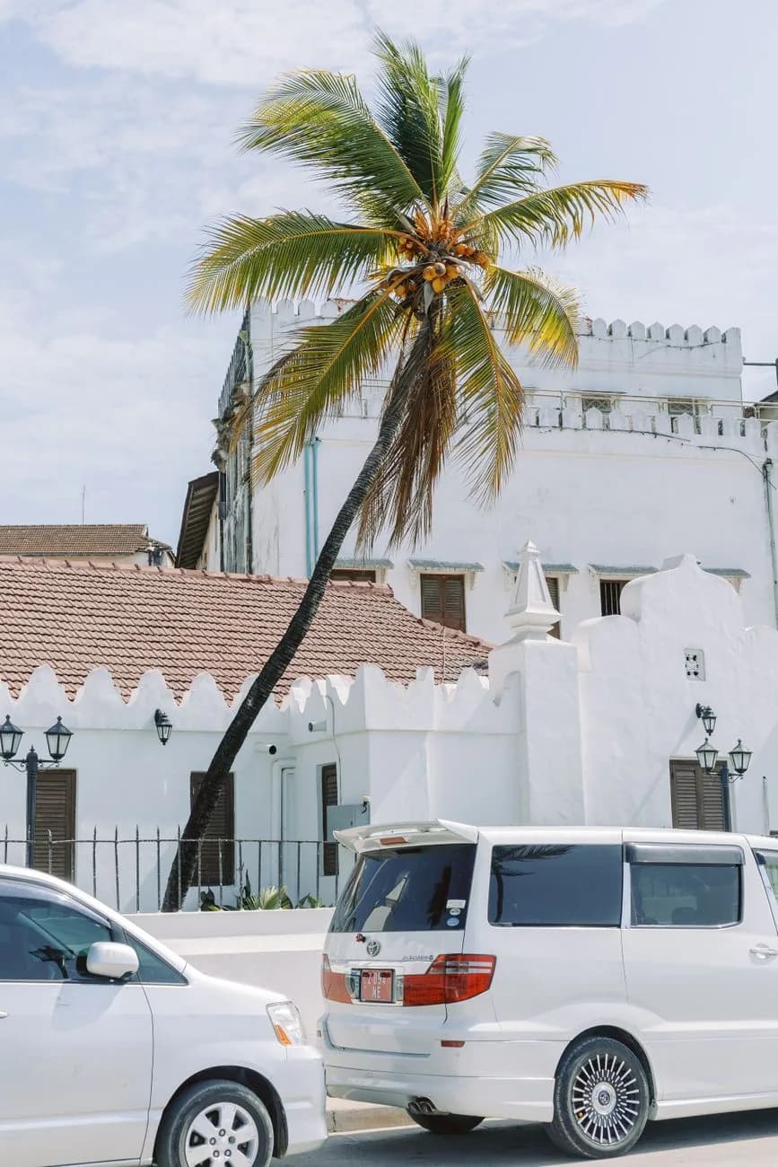 The white crenellated walls of the Palace Museum, the former Sultan's Palace, on the Stone Town seafront