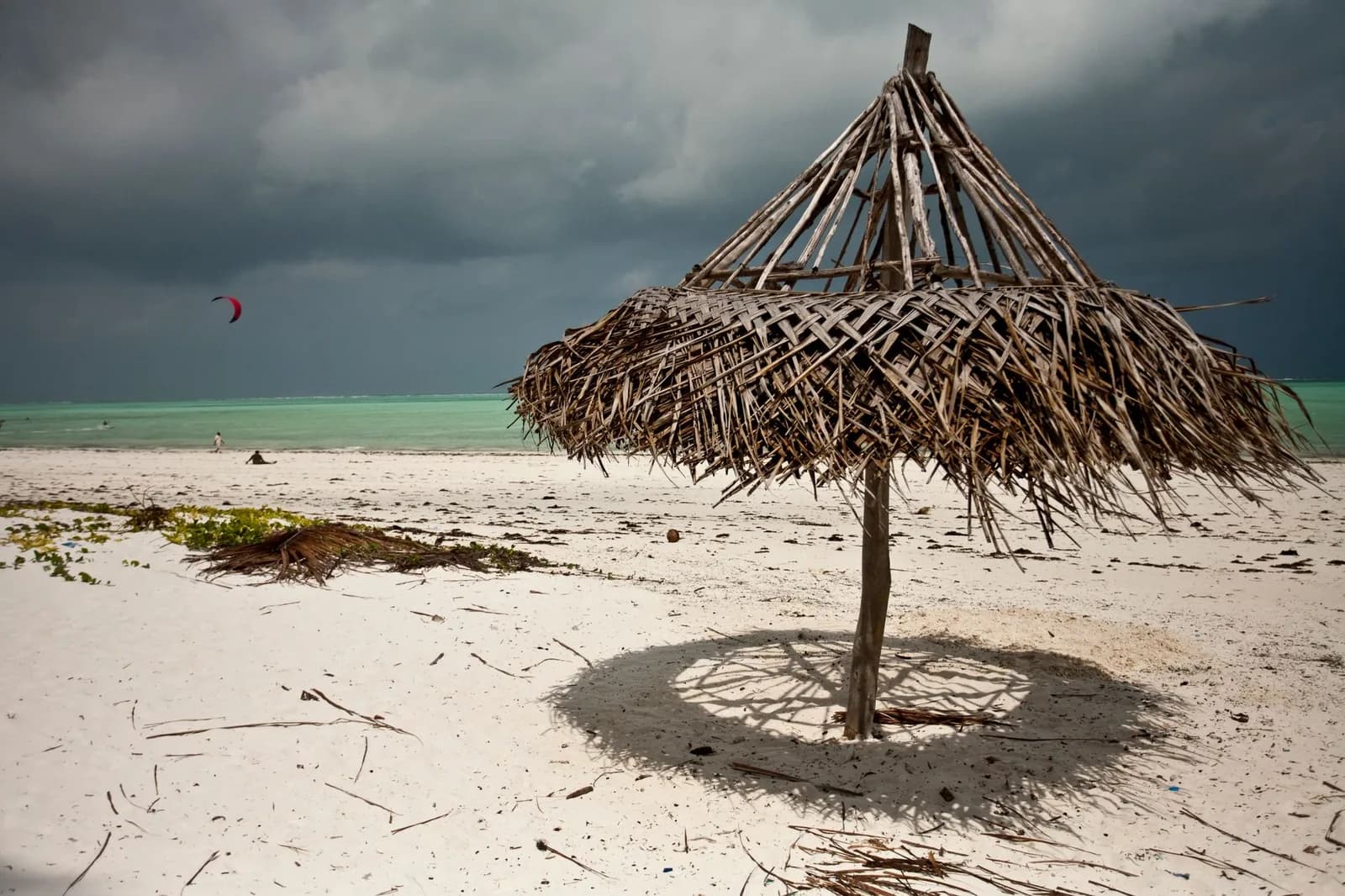 A rain squall crossing the sea off a Zanzibar beach