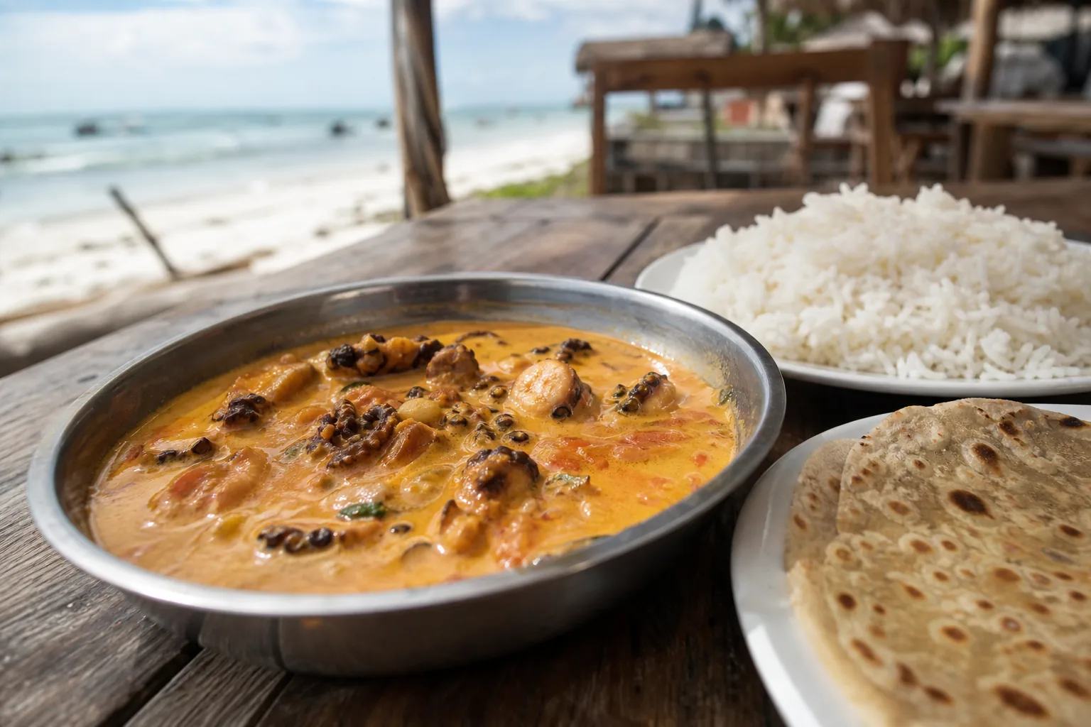 Octopus curry in coconut sauce with rice and chapati at a beach restaurant in Zanzibar