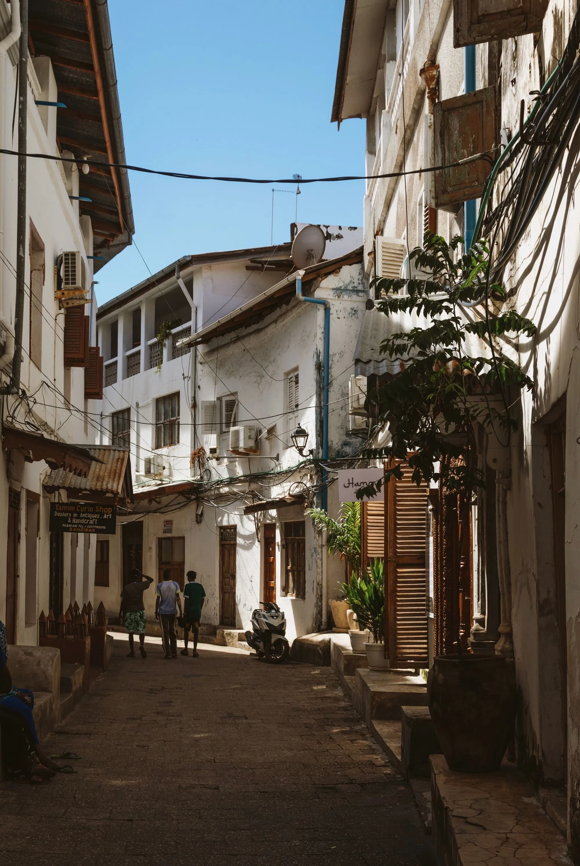 A lane of whitewashed houses and curio shops in Stone Town, Zanzibar, with wooden shutters and people walking in the sun