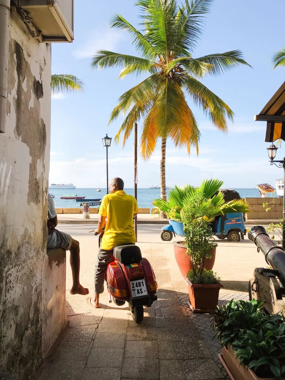 A lane opening onto the Stone Town seafront, with an old cannon and a scooter under the palms