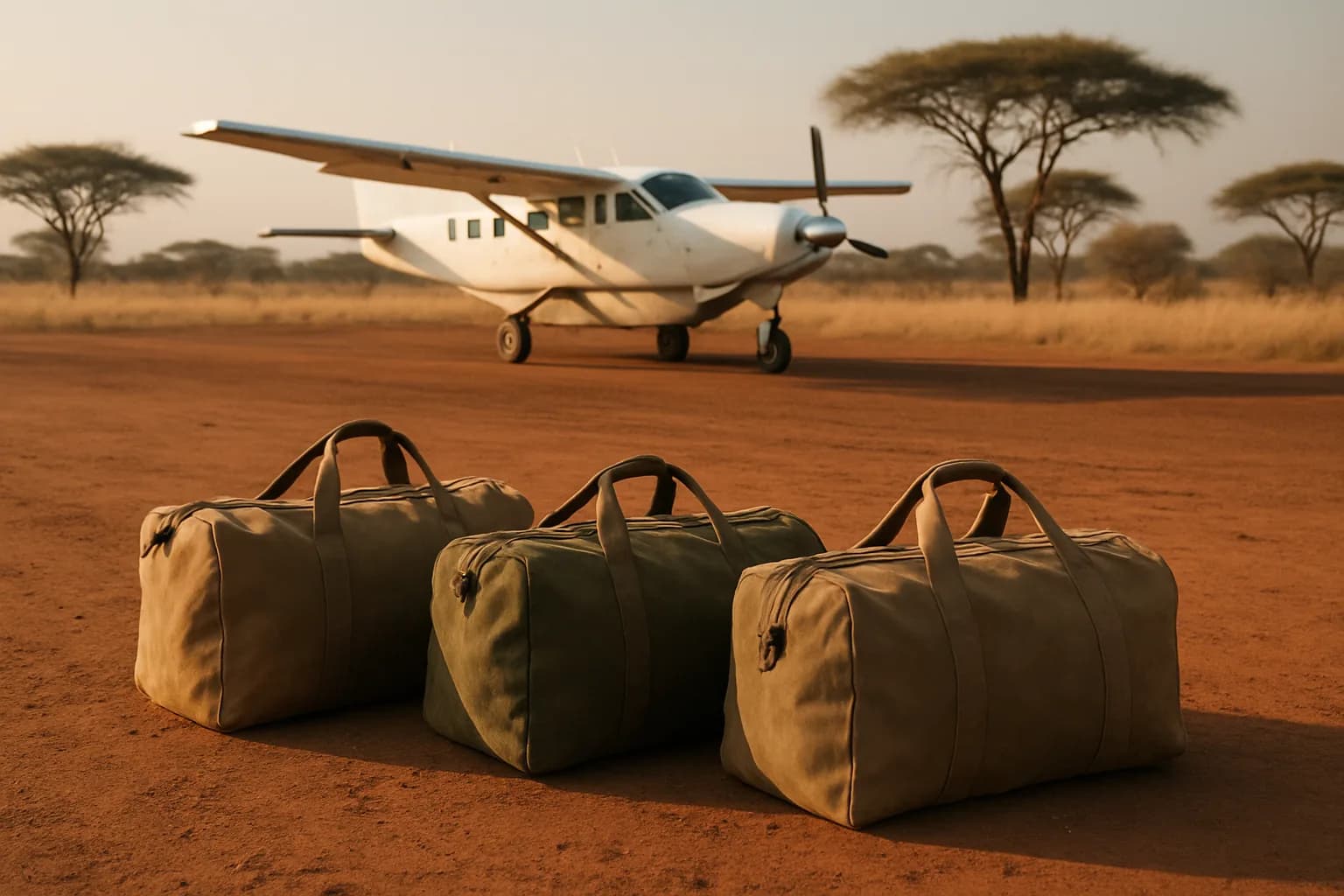 Soft canvas duffel bags on a red dirt airstrip beside a small bush plane