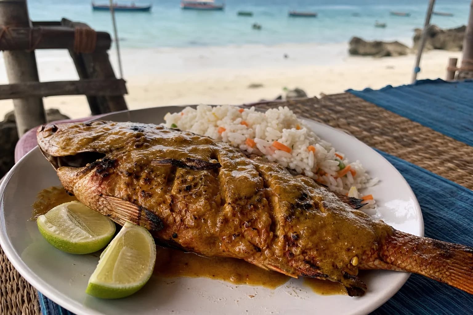 Whole grilled fish basted with coconut and tamarind sauce, served with rice and lime in Zanzibar