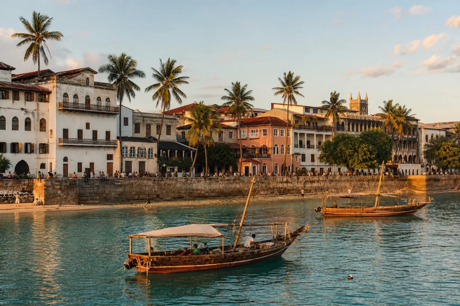 The Stone Town seafront at dusk with moored dhows and the cathedral tower behind