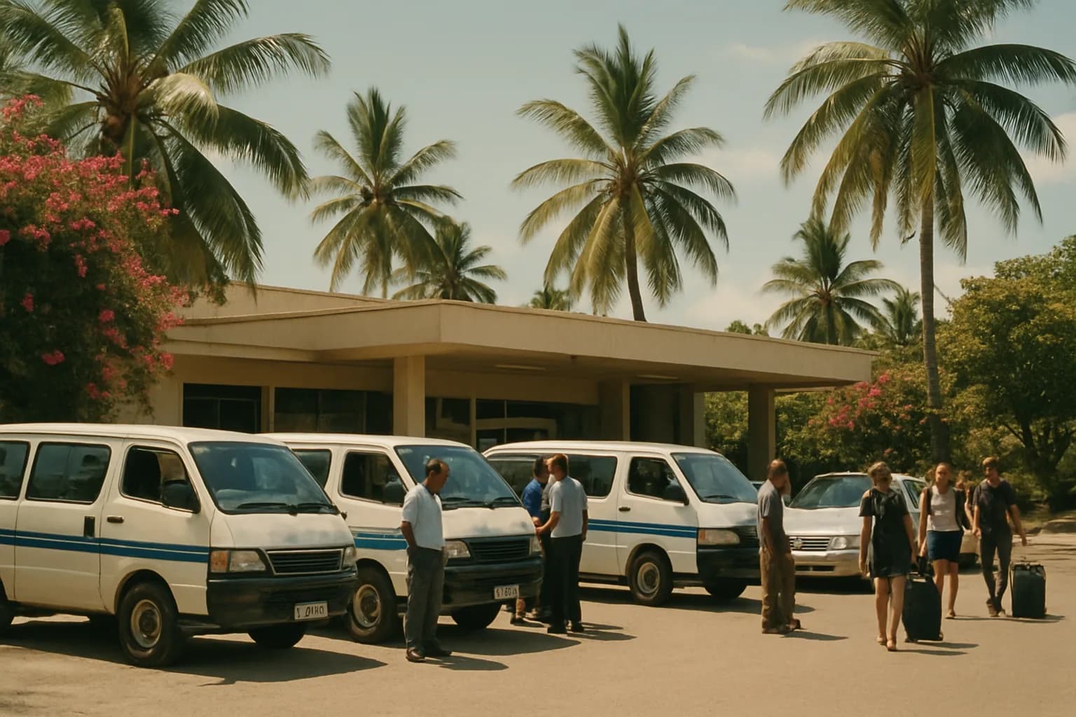 Transfer minibuses and taxis lined up outside the arrivals exit at Zanzibar airport