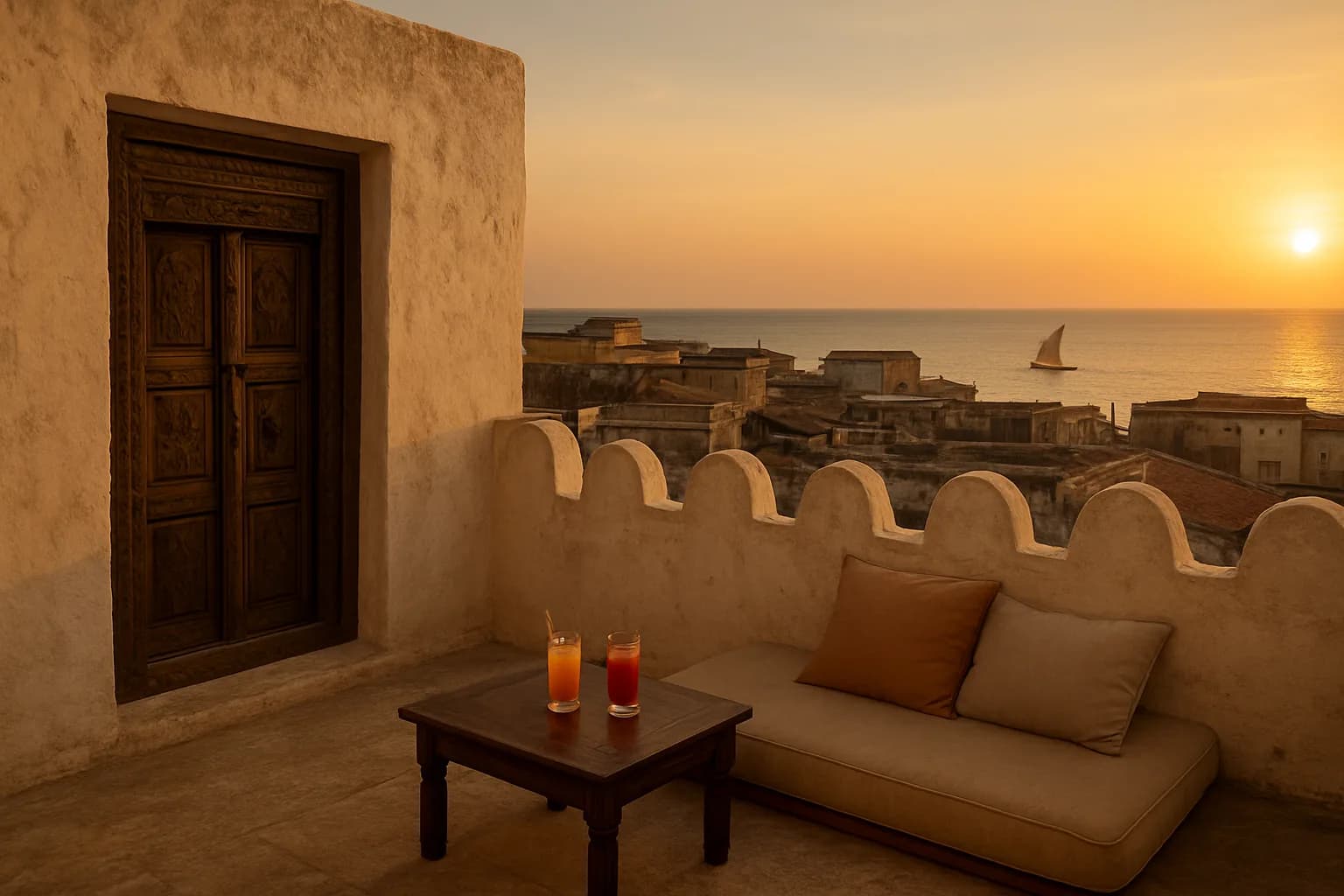 Old town rooftop terrace at sunset with a carved wooden door, two cocktails on a low table and a dhow on the sea