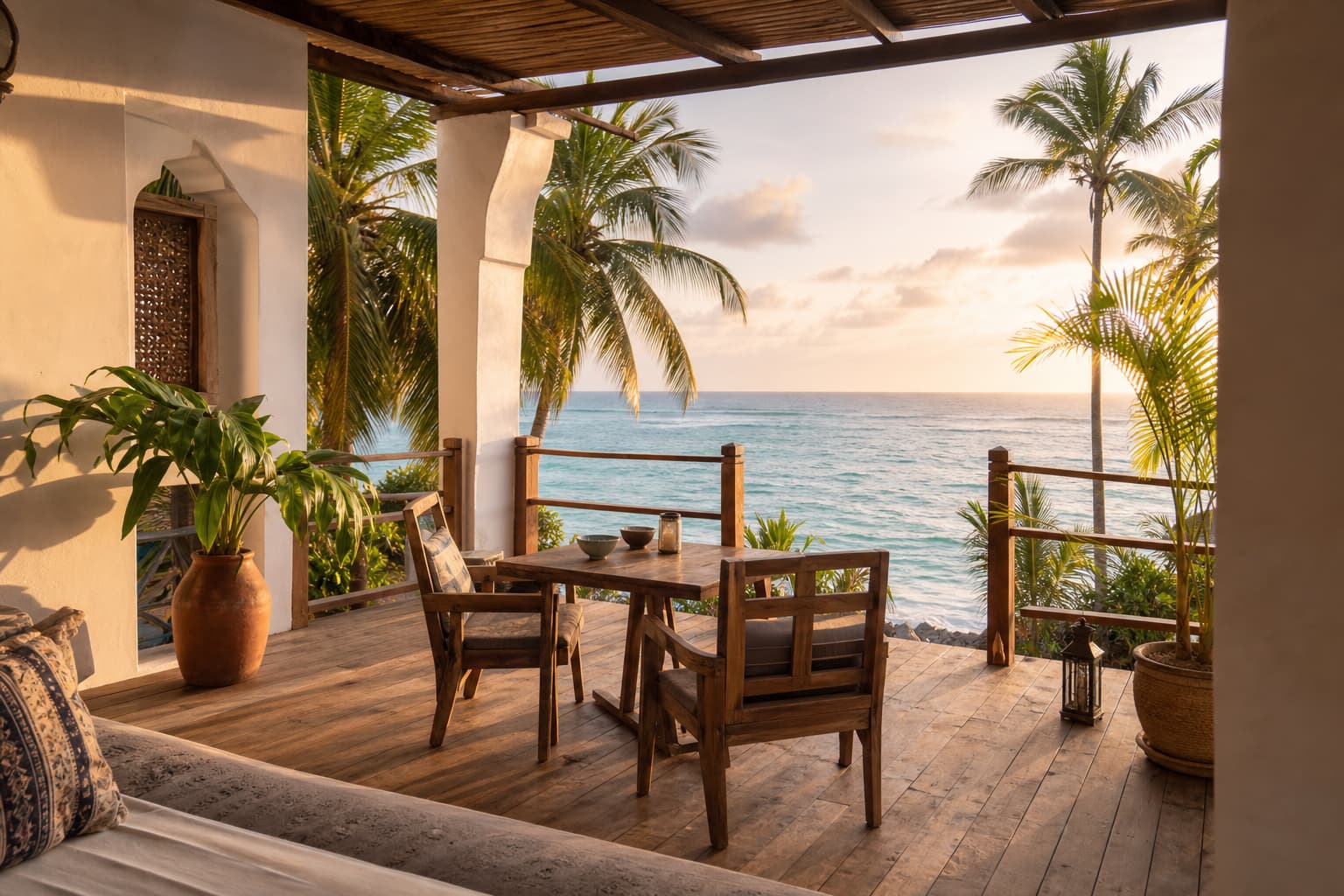 Terrace of a villa looking out over the Indian Ocean in Zanzibar