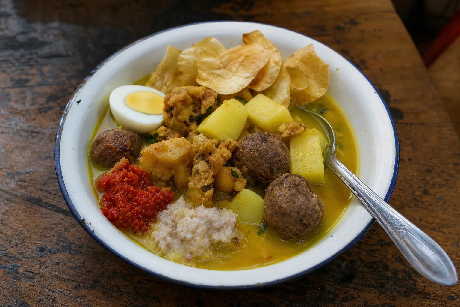 A bowl of urojo, the Zanzibar mix, with fritters, meatballs, potato, egg and chilli in yellow mango broth