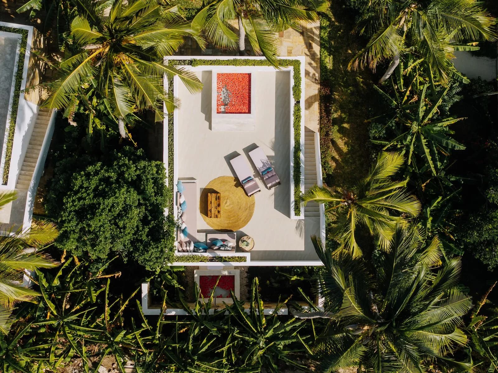 Aerial view of a villa rooftop terrace in Zanzibar with a plunge pool and loungers among coconut palms