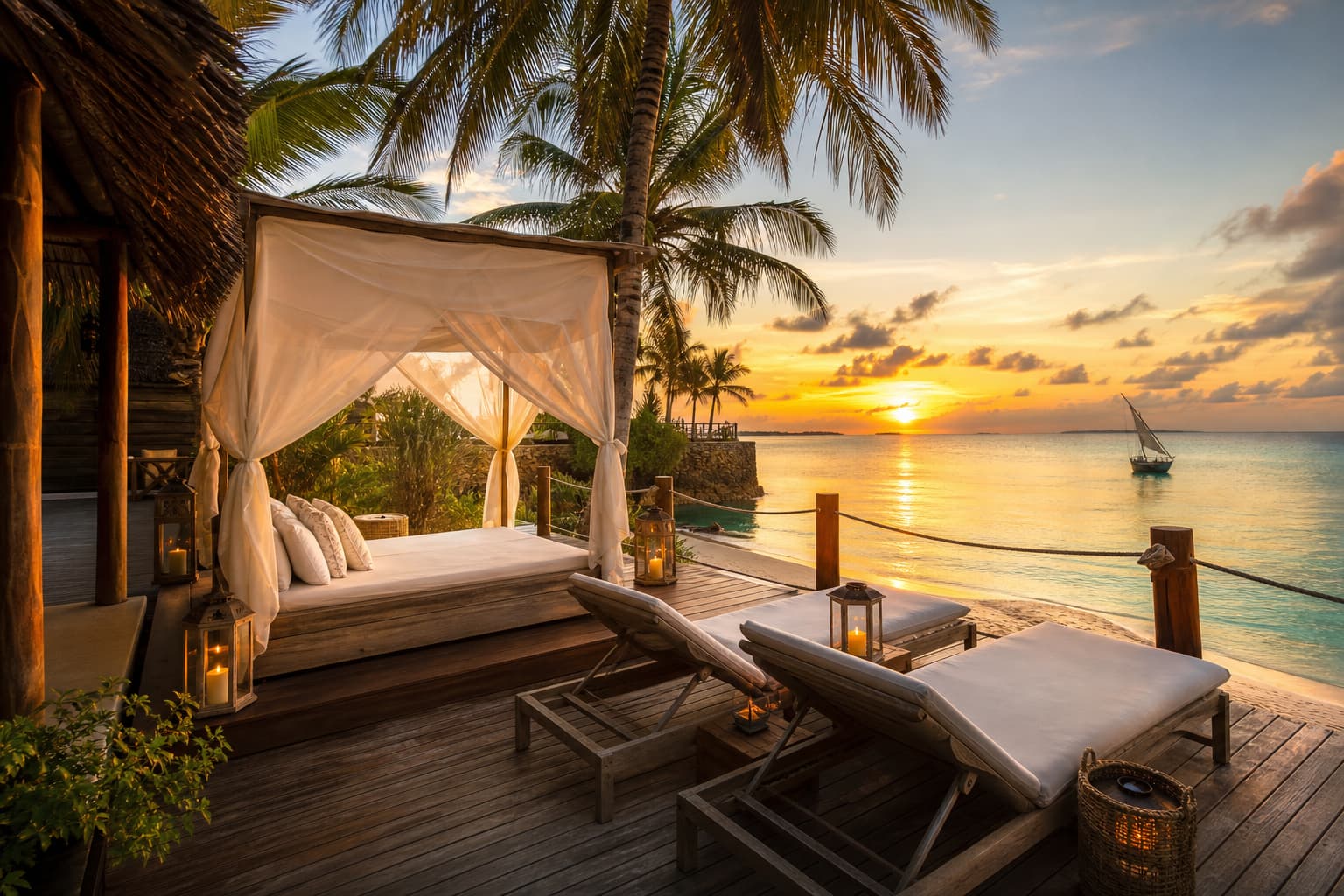 Four poster daybed and loungers on a wooden deck above the sea at sunset in Zanzibar