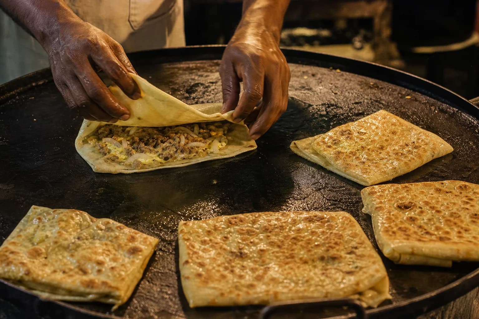 A vendor folding a Zanzibar pizza filled with minced beef, onion and egg on a hot griddle, Stone Town